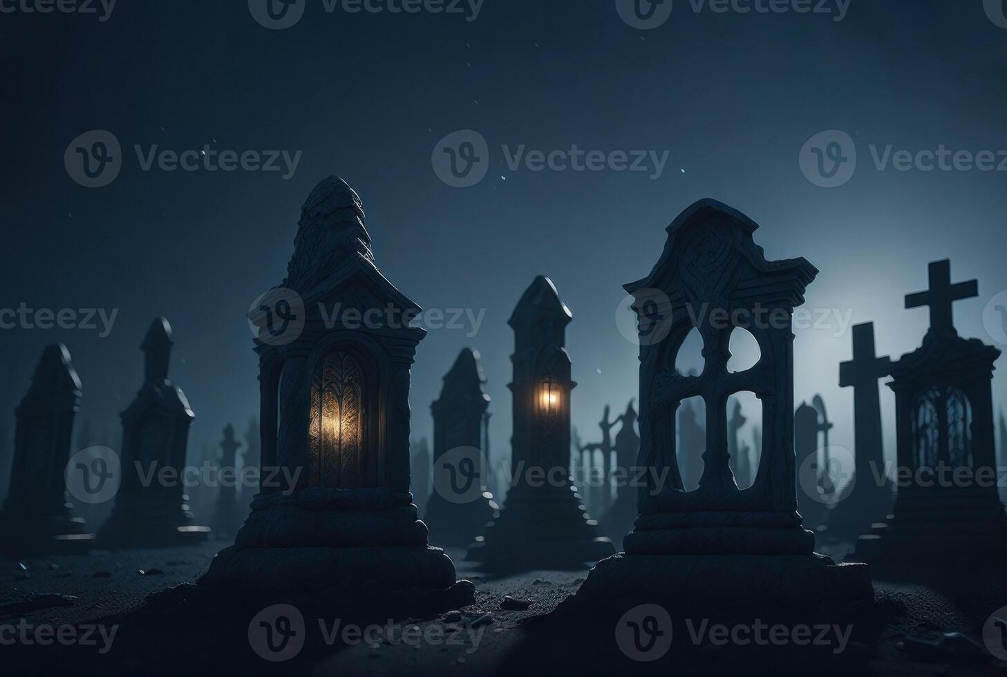 Halloween background with spooky graveyard with fog at night. photo