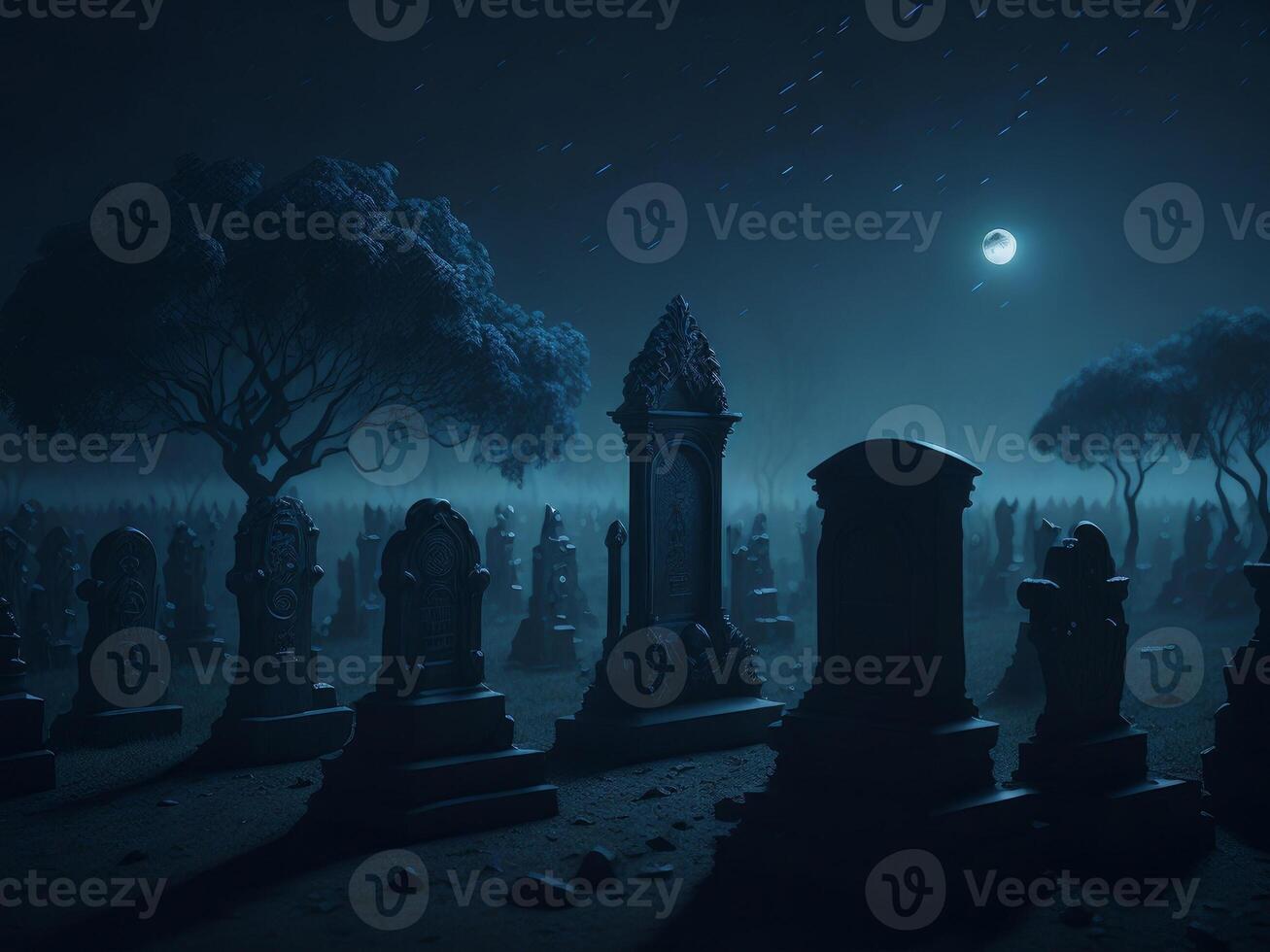 Halloween background with spooky graveyard with fog at night. photo
