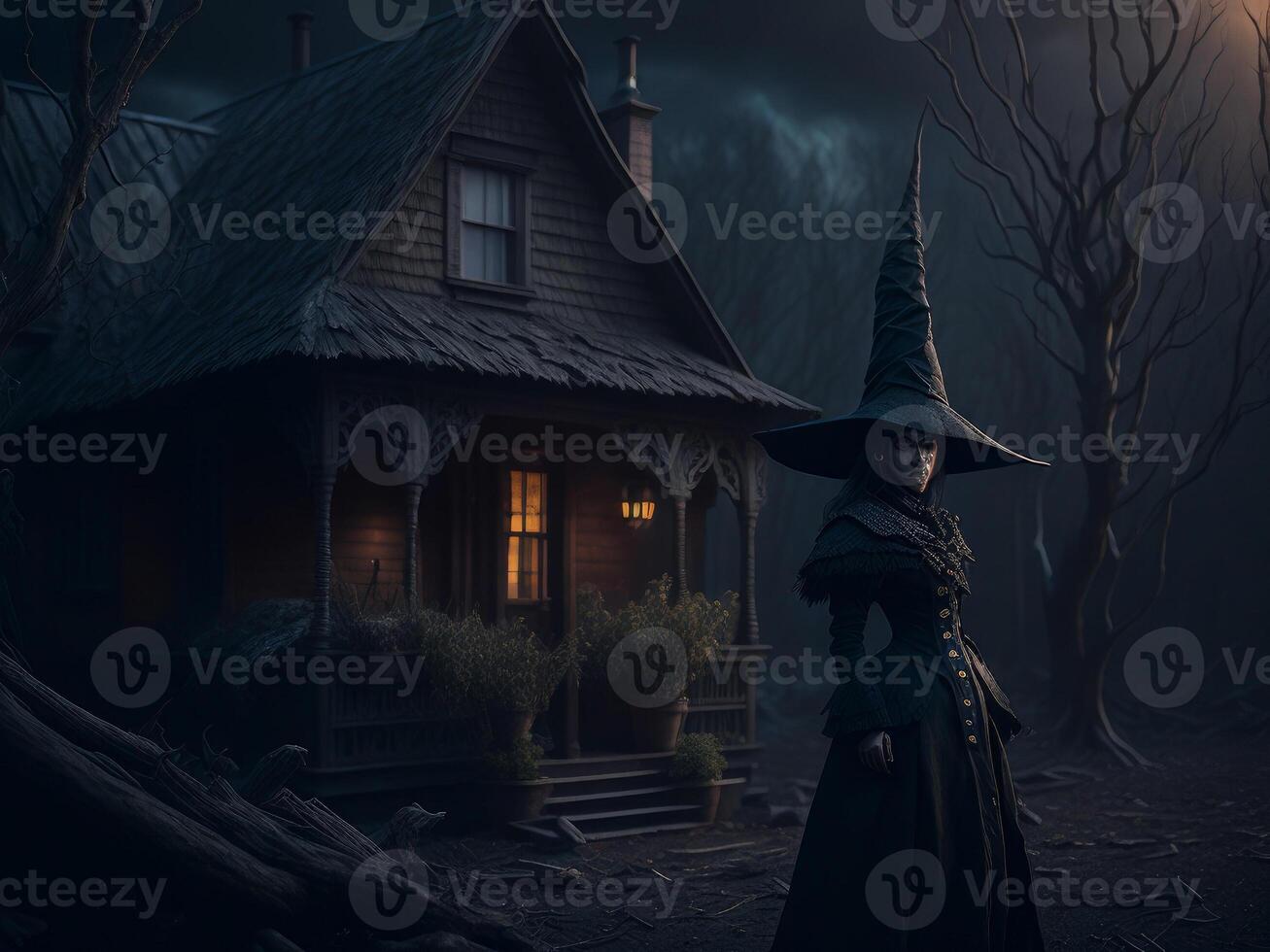 Witch in black clothes near old dark wooden house. Halloween background. photo