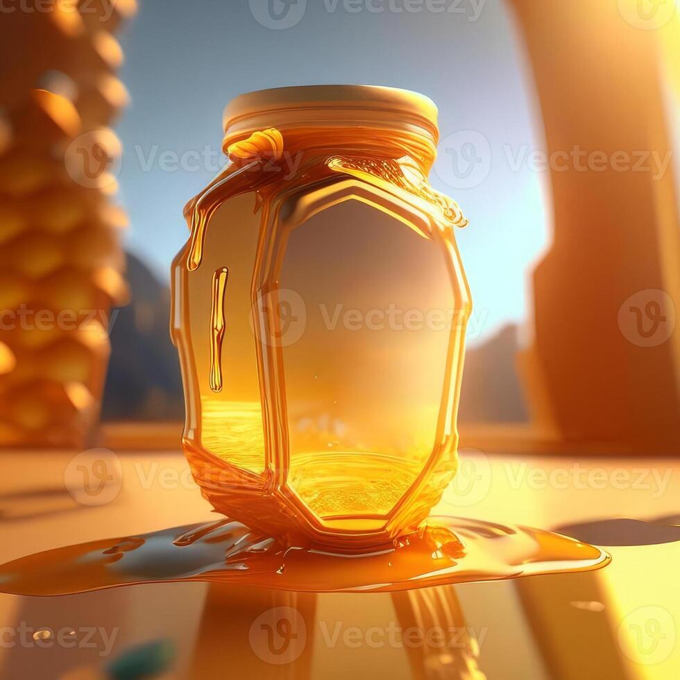 Honey jar in sunny rays, photo