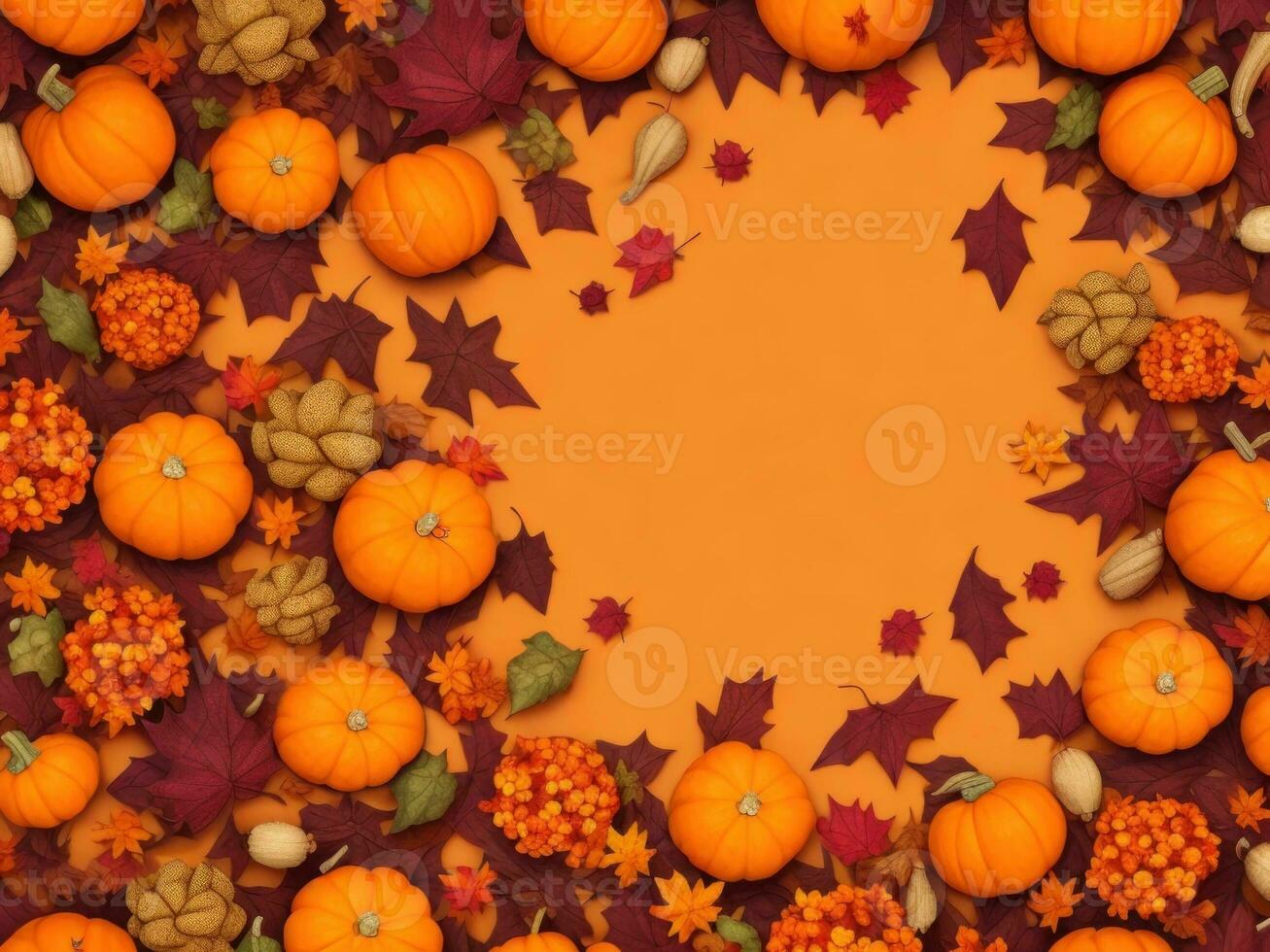 autumnal elements with pumpkins and leaves, AI generated photo