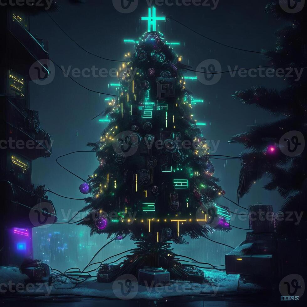 cyberpunk green futuristic Christmas tree, AI generated 25504258 Stock