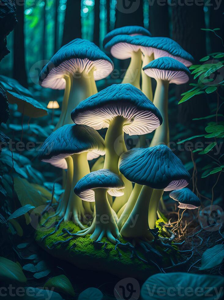 Colorful, glowing mushrooms in a mystical forest. Created with software. photo