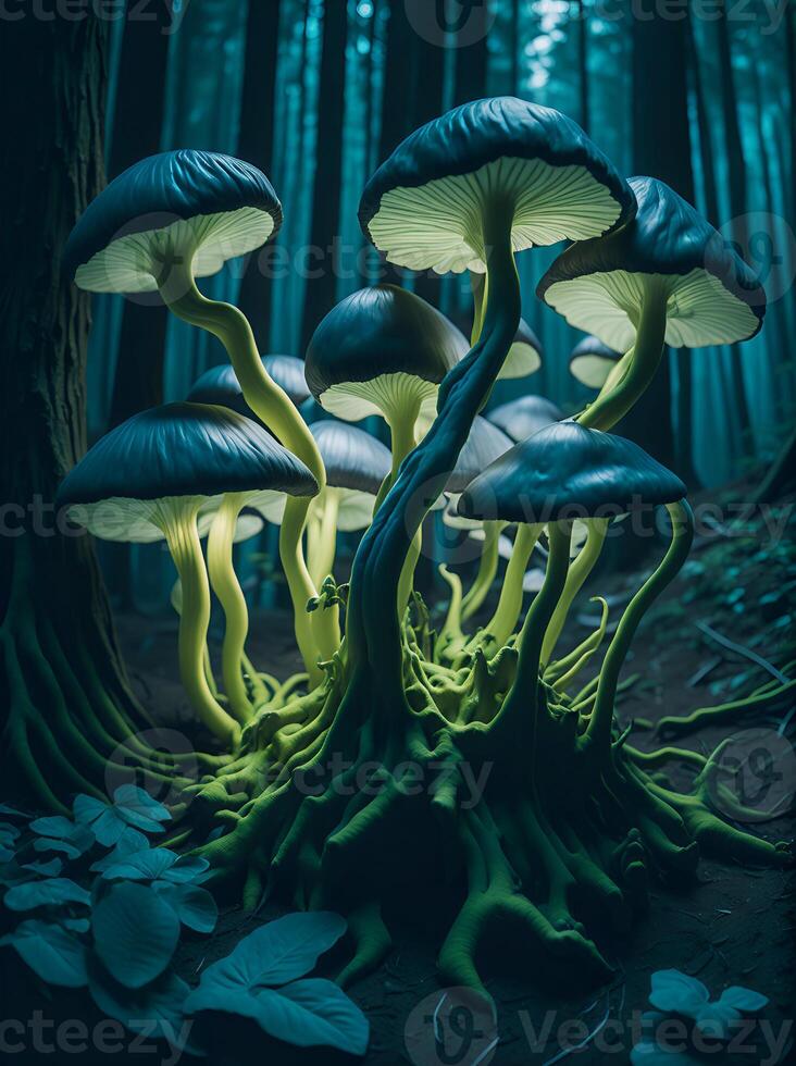 Colorful, glowing mushrooms in a mystical forest. Created with software. photo