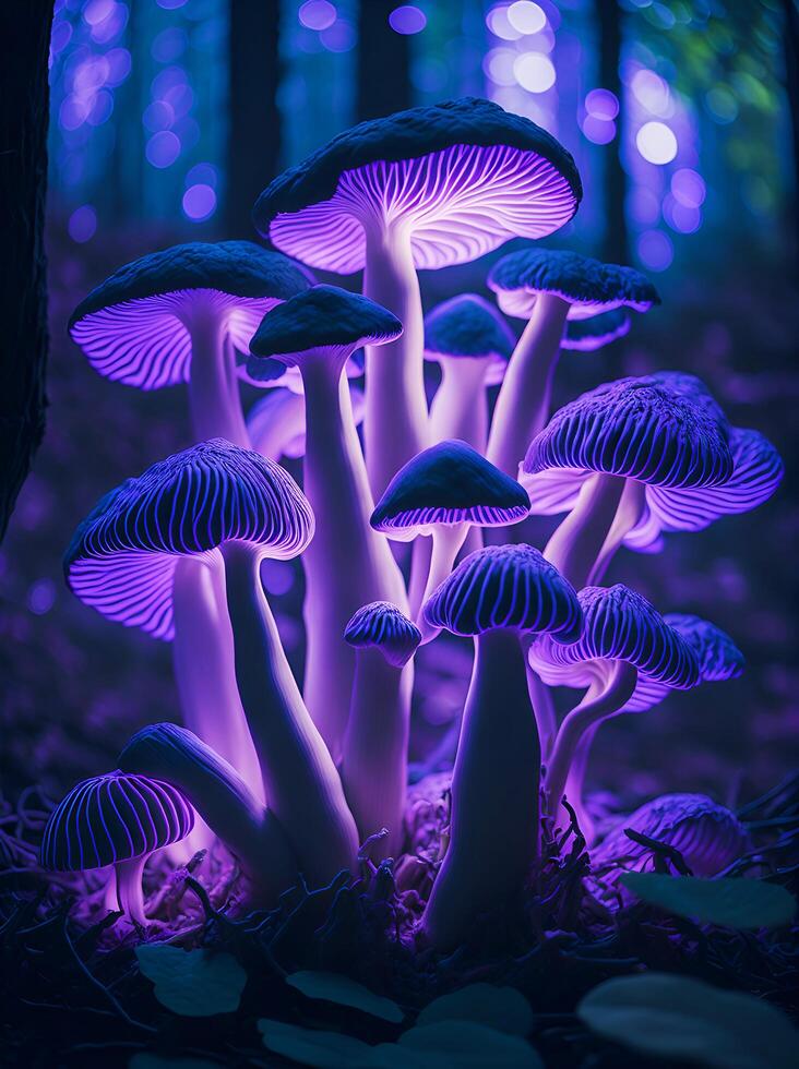 Colorful, glowing mushrooms in a mystical forest. Created with software. photo