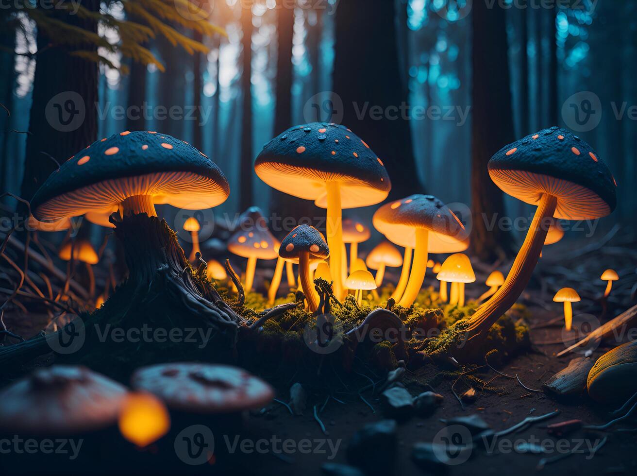 Colorful, glowing mushrooms in a mystical forest. Created with software. photo