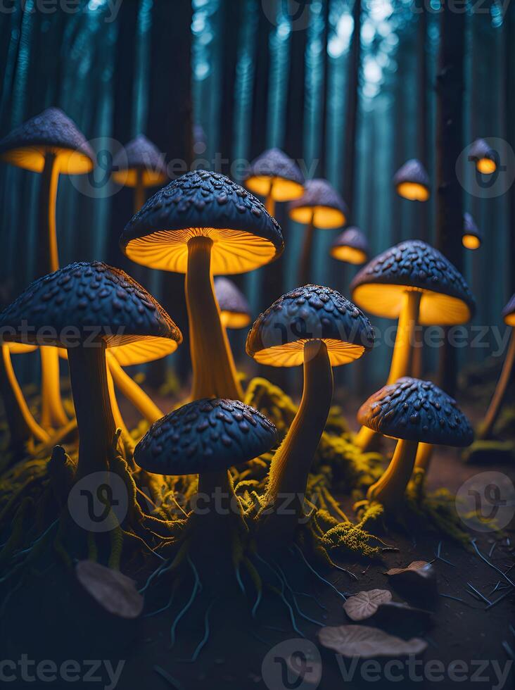 Colorful, glowing mushrooms in a mystical forest. Created with software. photo