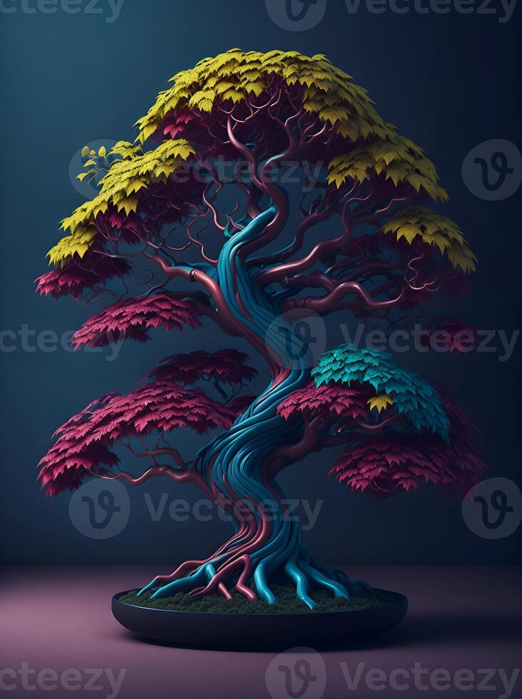 Beautiful Bonsai Tree in wooden pot on color background, created with technology. photo