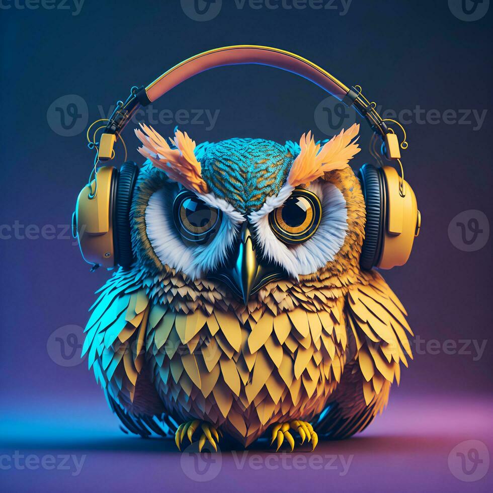 3d Illustration of a owl bird wearing headphones for icon or logo photo