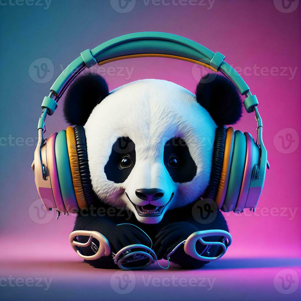 3d ilustración de un panda vistiendo auriculares para icono o logo foto