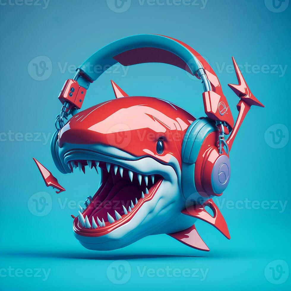 3d ilustración de un tiburón vistiendo auriculares para icono o logo foto