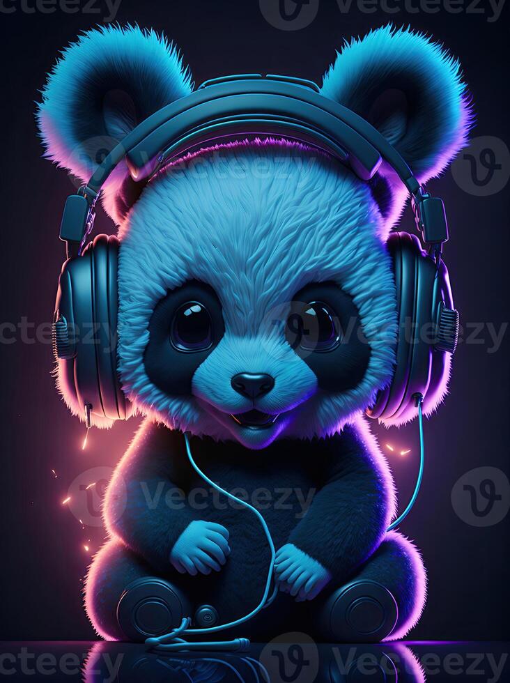 3d ilustración de un bebé panda vistiendo auriculares para icono o logo foto