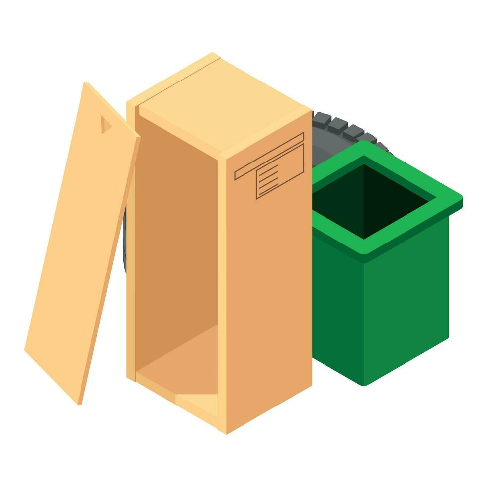 Trash recycling icon isometric vector. Worn car tire and pasel box near dumpster vector