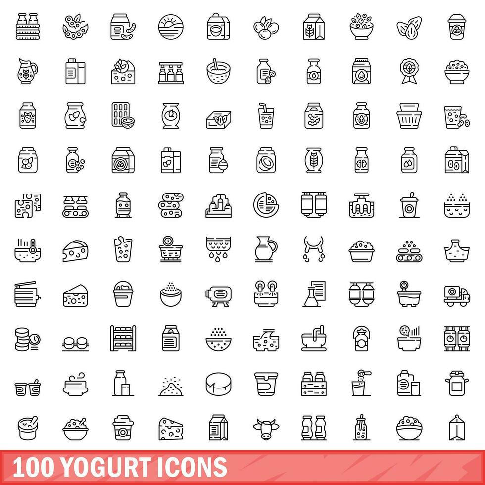 100 yogurt icons set, outline style vector