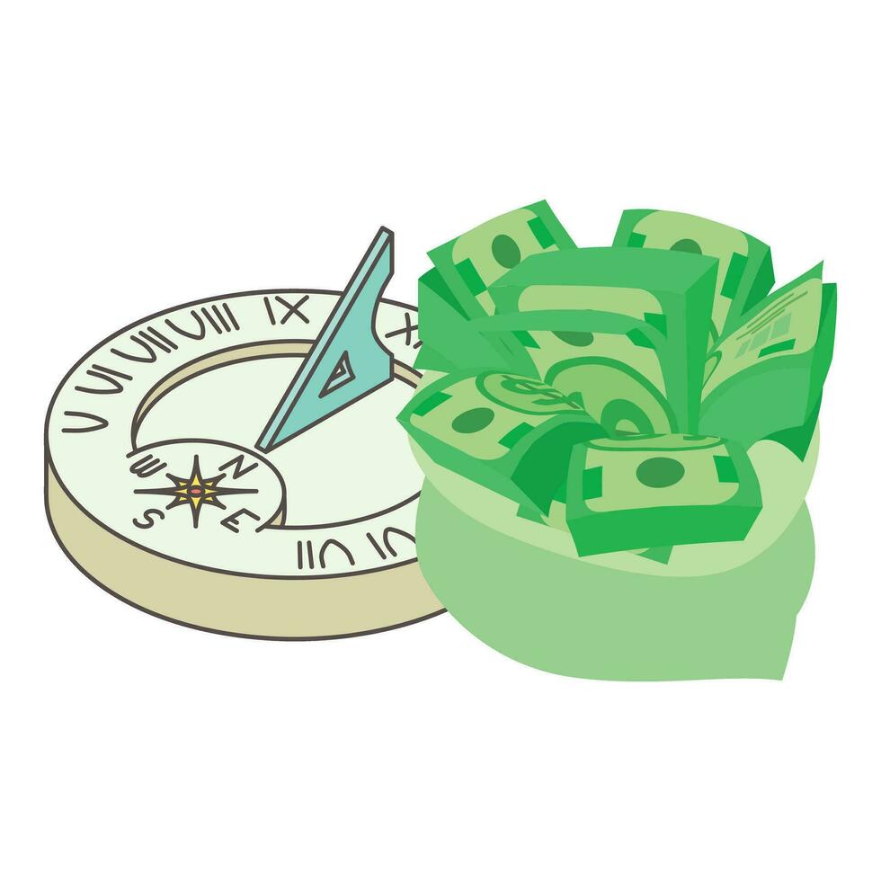 Finance concept icon isometric vector. Old sundial and open bag with dollar bill vector