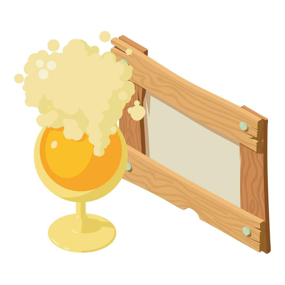 Drink degustation icon isometric vector. Glass of foamy beer and bar signboard vector