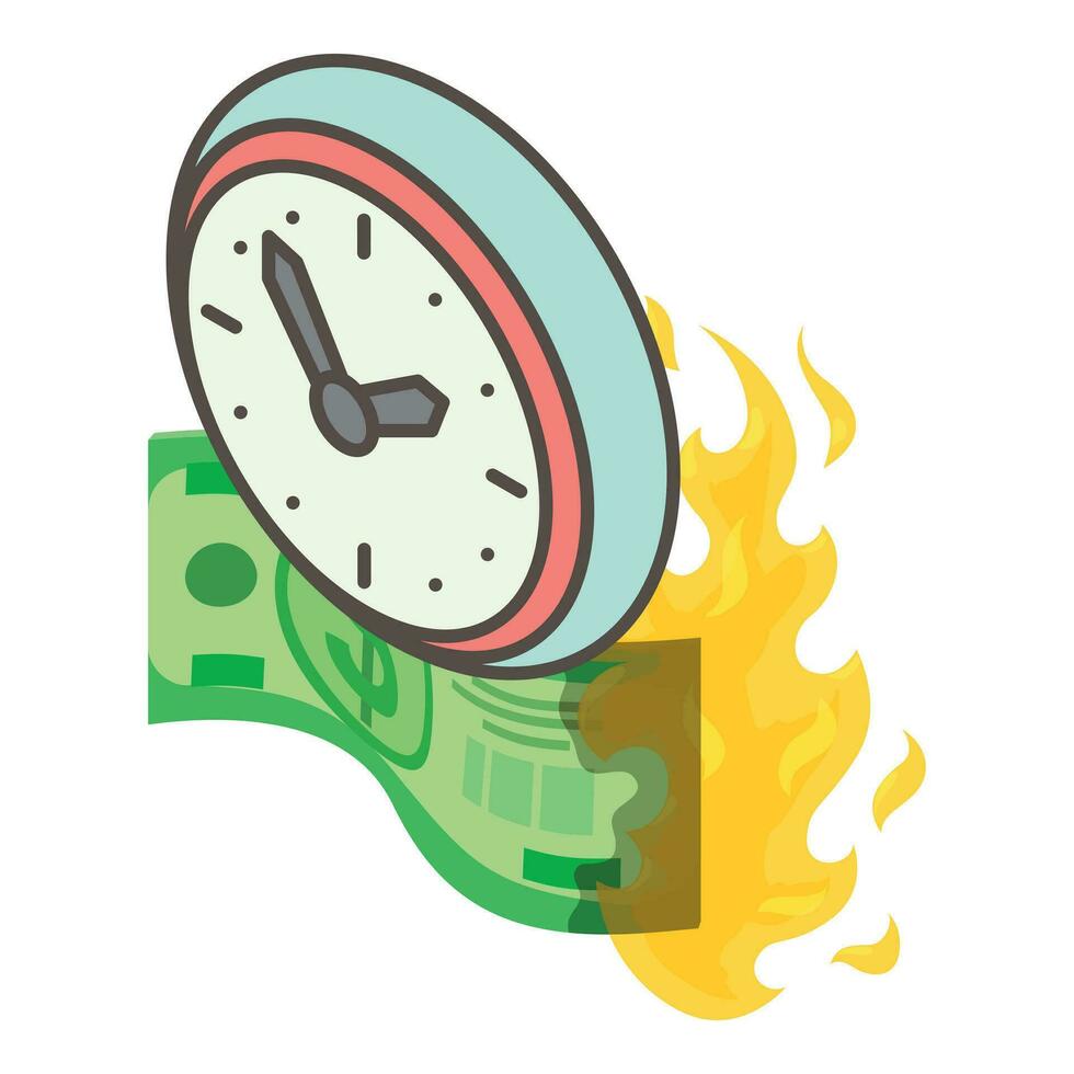 Inflation concept icon isometric vector. Round old clock and burning dollar bill vector