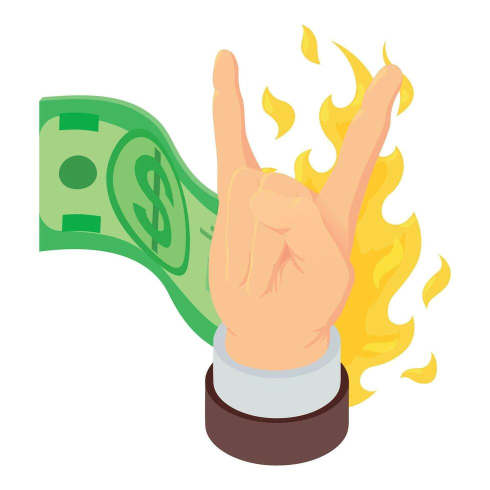 Inflation concept icon isometric vector. Human hand and burning dollar banknote vector