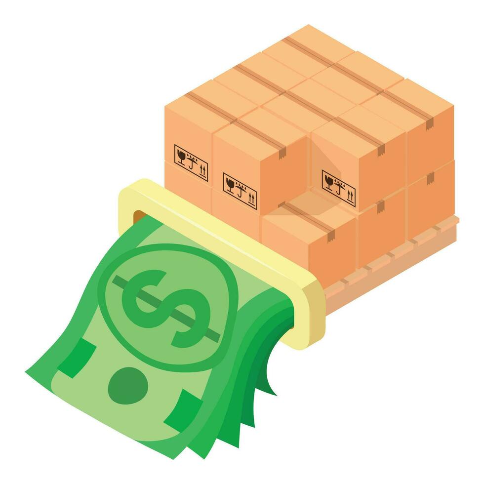 Warehouse logistic icon isometric vector. Parcel box on pallet and dollar bill vector
