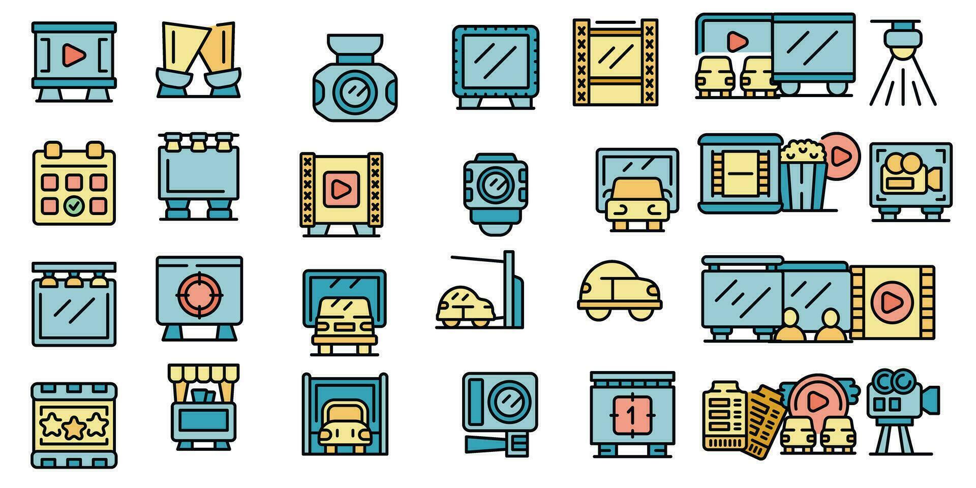 Cinema in the car icons set vector flat