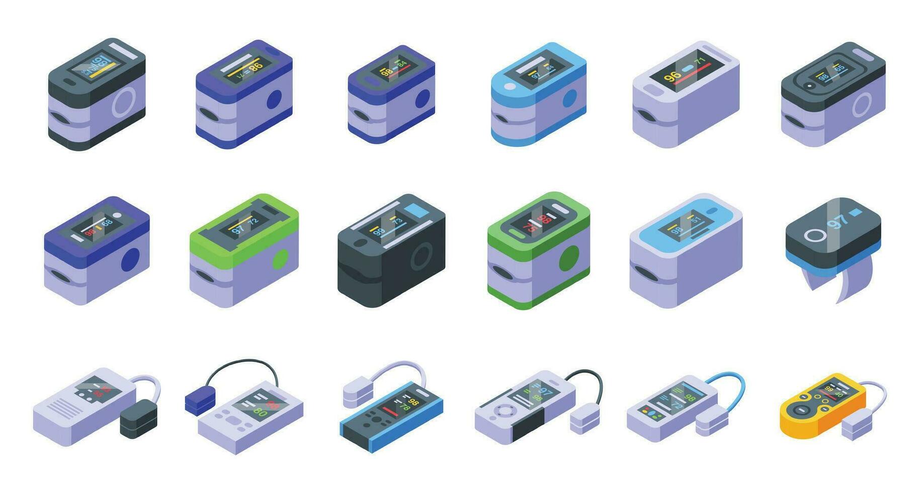 Pulse oximeter icons set isometric vector. Blood health vector