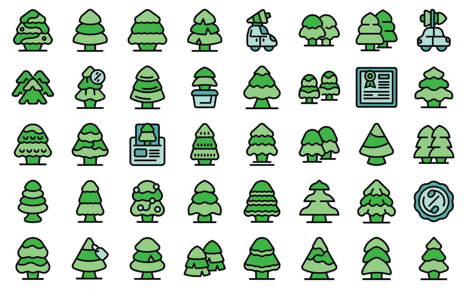 Navidad árbol granja íconos conjunto vector plano