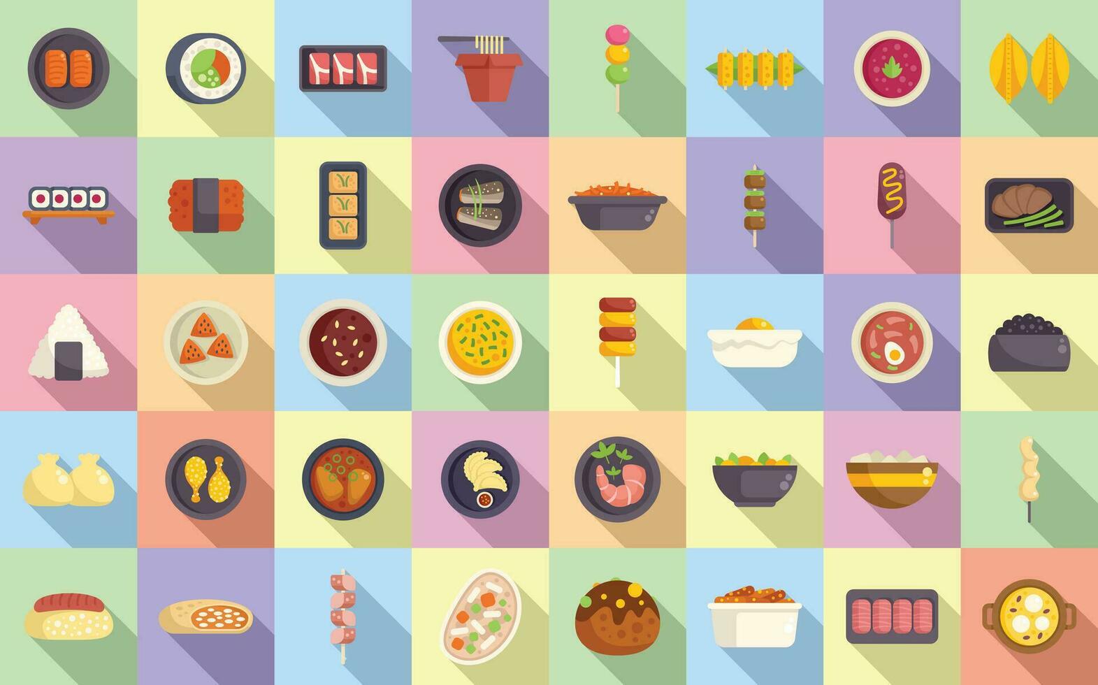 Korean cuisine icons set flat vector. Hot bowl vector