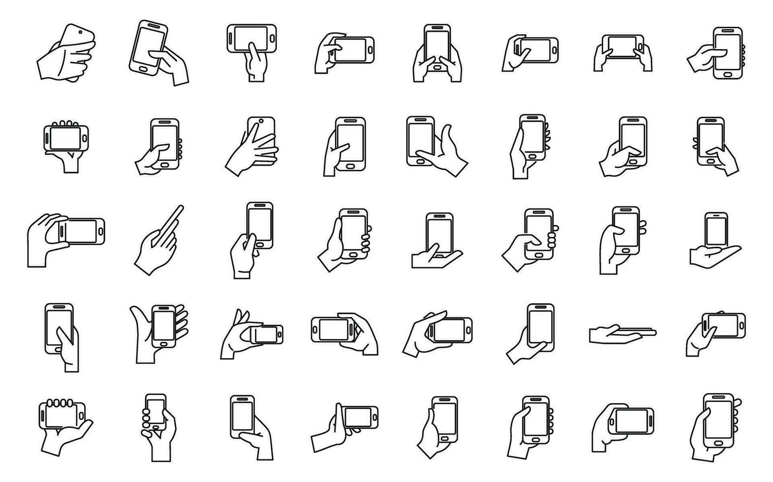 Hand holding phone icons set outline vector. Mobile chat vector