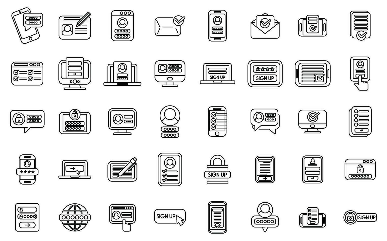 Online registration icons set outline vector. Apply device vector