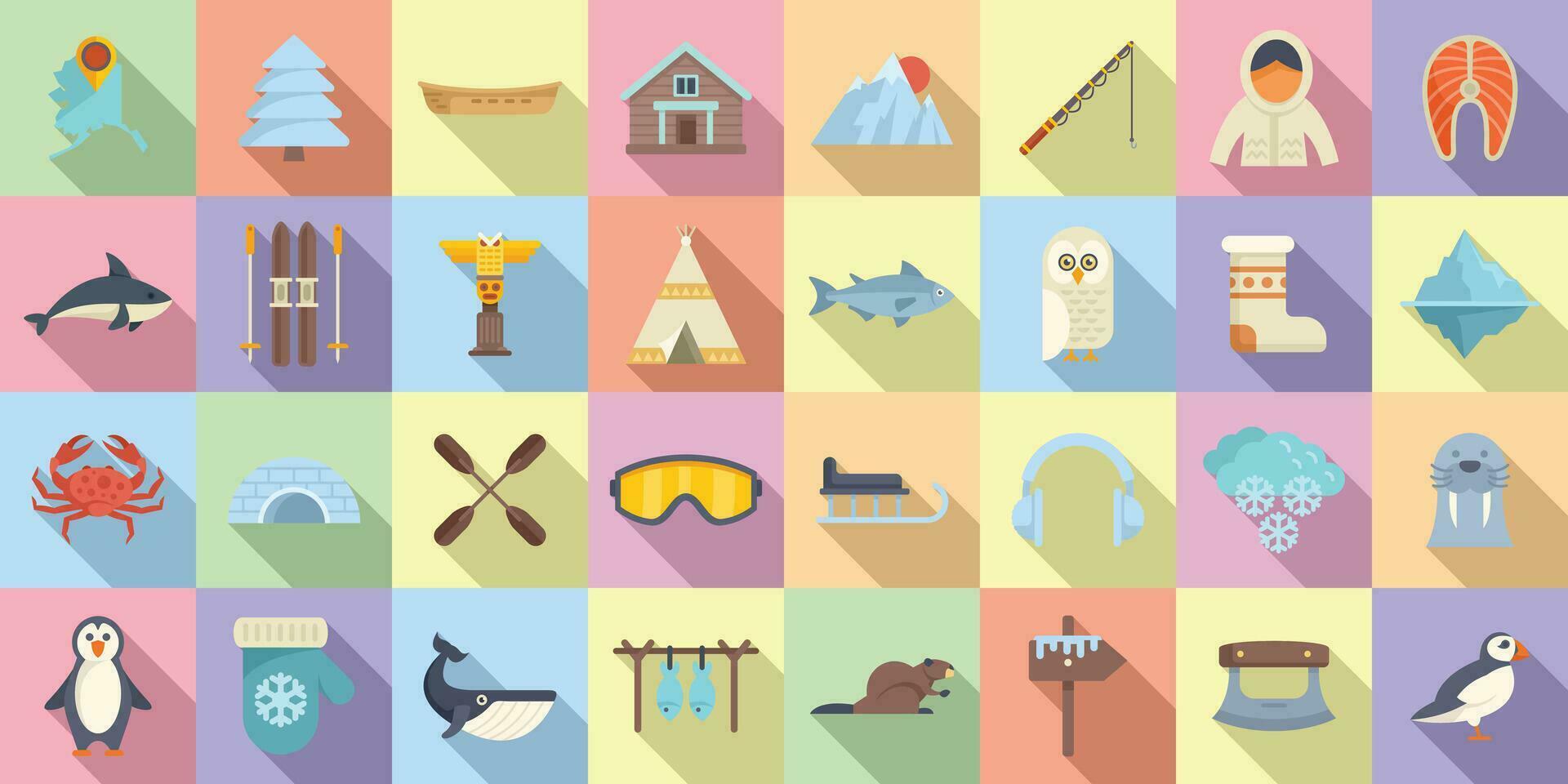 Alaska icons set flat vector. Sled dog vector