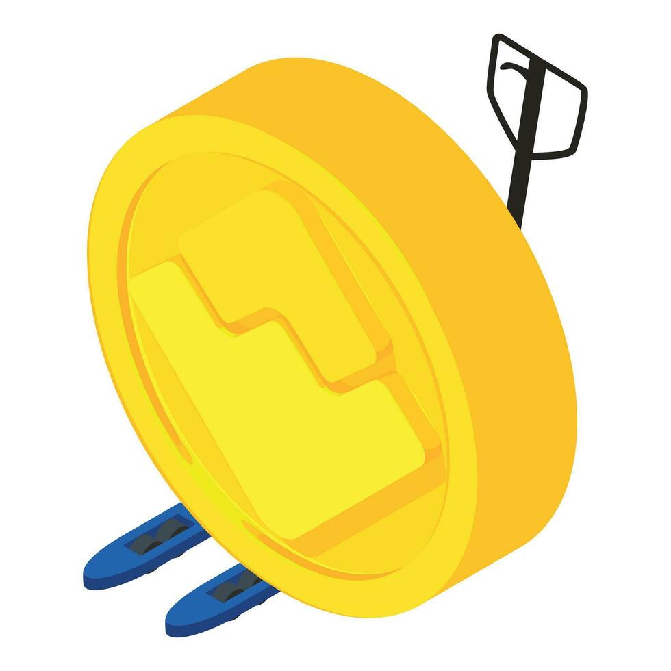 Waves cryptocurrency icon isometric vector. Golden waves coin on hand forklift vector