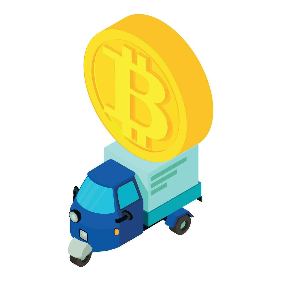 Bitcoin cryptocurrency icon isometric vector. Bitcoin coin and three wheeled car vector