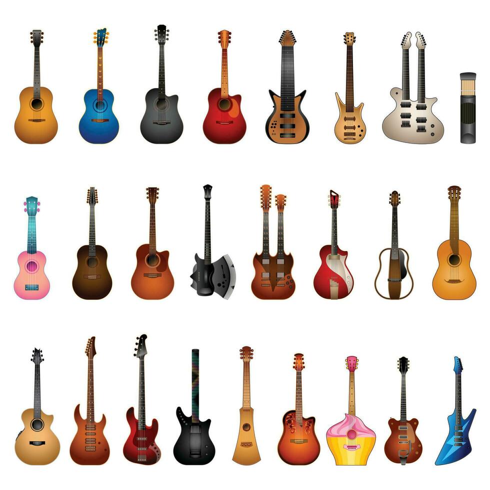 guitarra íconos conjunto dibujos animados vector. rock música vector