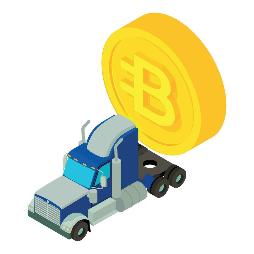 Bytecoin cryptocurrency icon isometric vector. Big gold bytecoin coin and truck vector