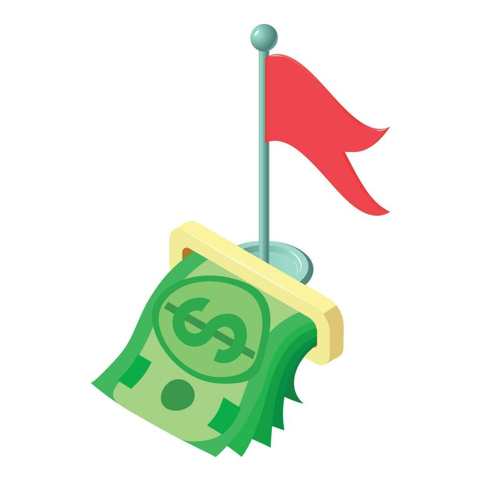 cobrar fuera icono isométrica vector. rojo bandera y apilar de dólar billete de banco icono vector