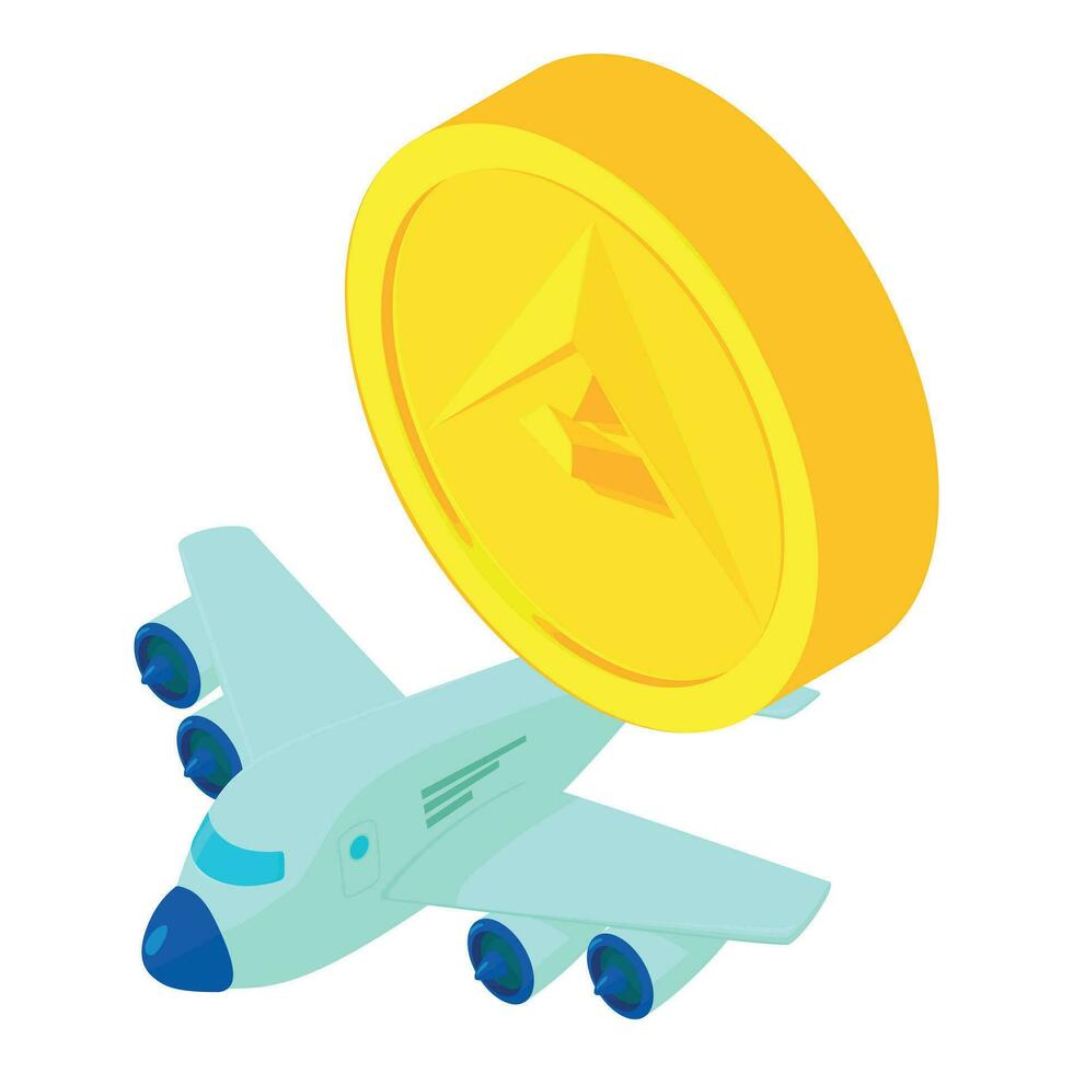 Ark cryptocurrency icon isometric vector. Big golden ark coin and flying plane vector