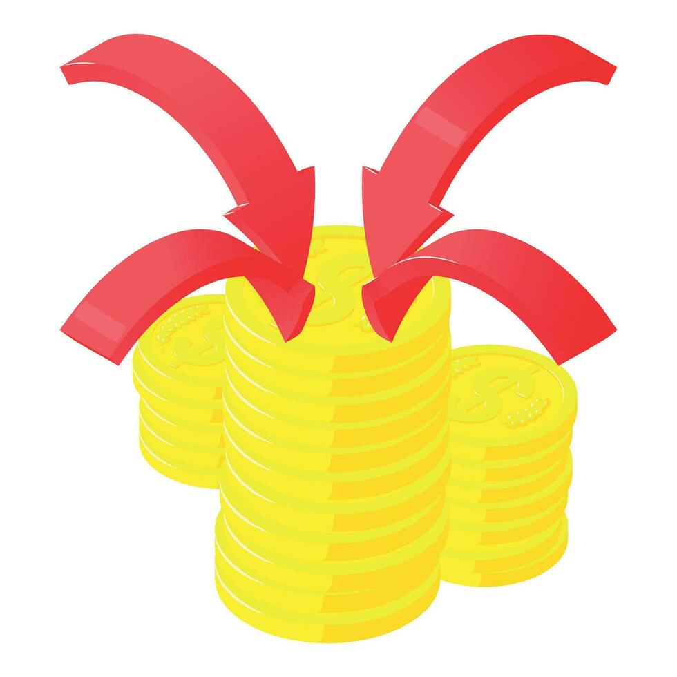 Investment profit icon isometric vector. Four arrow directed to gold coin stack vector
