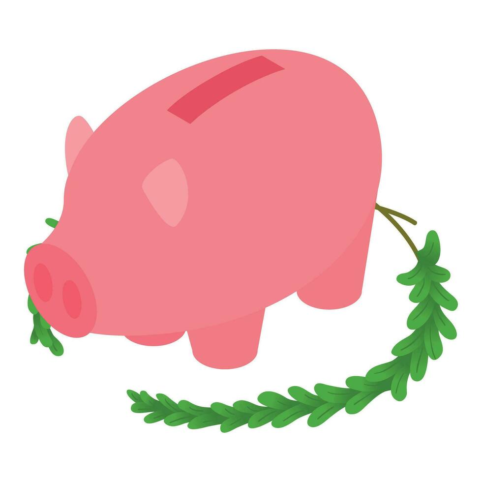 Saving concept icon isometric vector. Big pink piggy bank and green branch icon vector