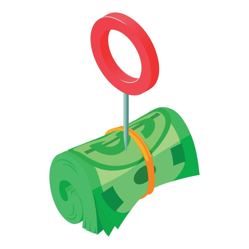 Investment income icon isometric vector. Red pin near rolled dollar bill stack vector