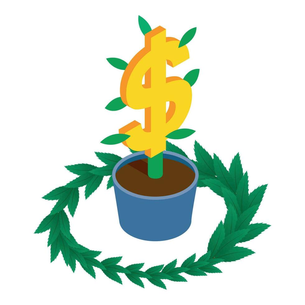 Investment growth icon isometric vector. Dollar sign in flower pot green branch vector
