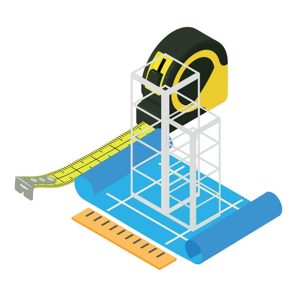 Building project icon isometric vector. Building structure and measuring ruler vector