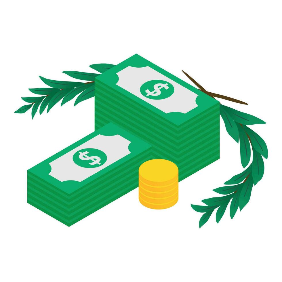 Accumulation concept icon isometric vector. Cash money coin and green branch vector