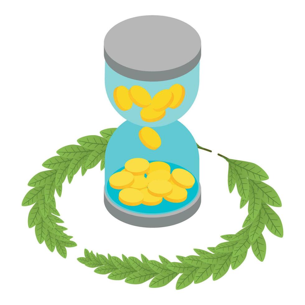 Money concept icon isometric vector. Hourglass with coin inside and green branch vector