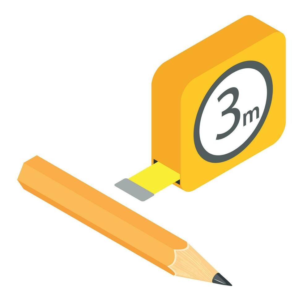 Engineering tool icon isometric vector. Yellow measuring tape and wooden pencil vector