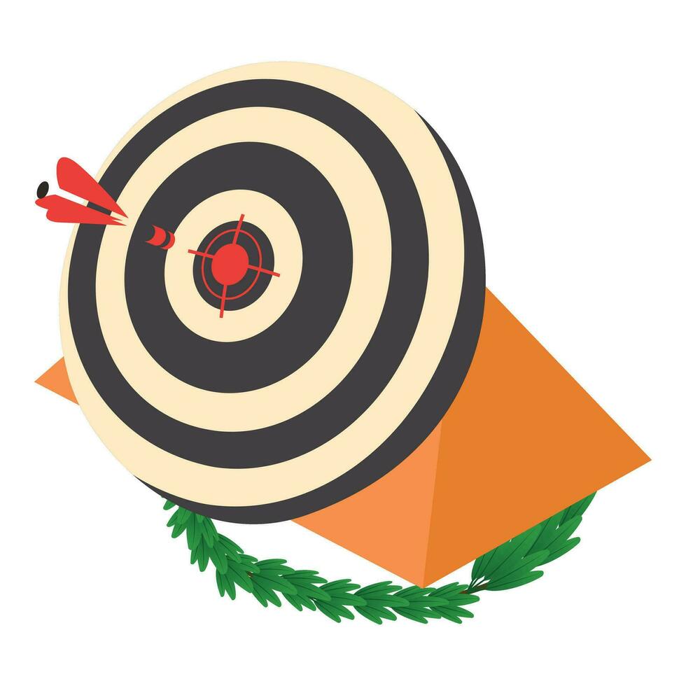 Dart throw icon isometric vector. Target with dart in center and winner branch vector