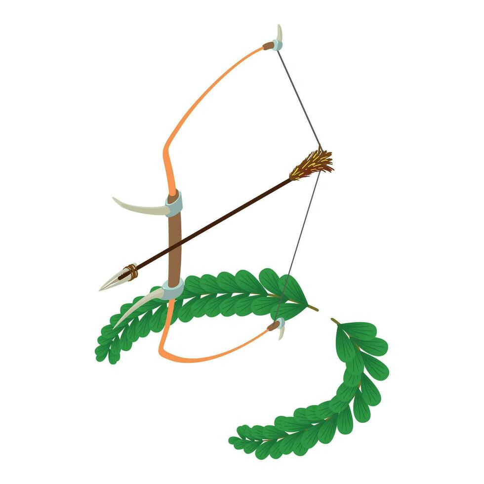 Ancient bow icon isometric vector. Wooden bow with arrow and green branch icon vector