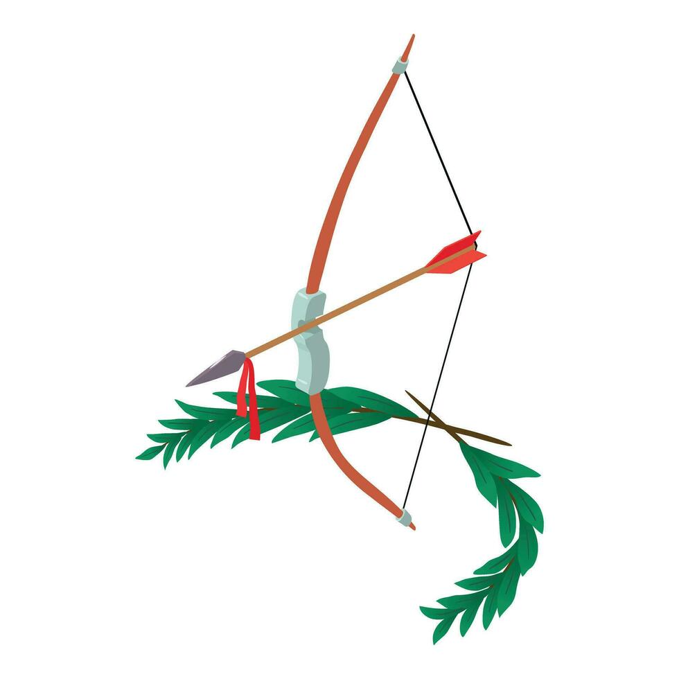 Hunter bow icon isometric vector. Wooden hunter bow with arrow and green branch vector