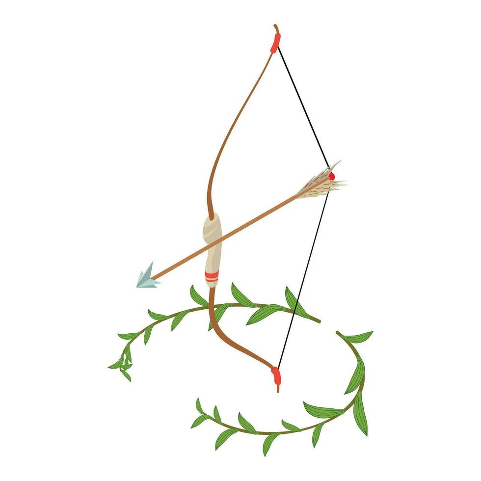 Medieval bow icon isometric vector. Wooden bow with arrow and green branch icon vector
