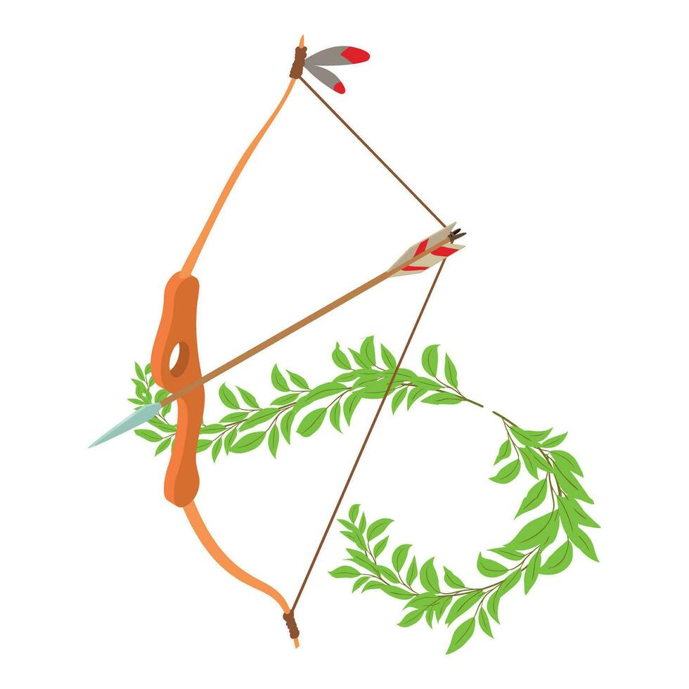 Indian bow icon isometric vector. Wooden hunting bow with arrow and green branch vector