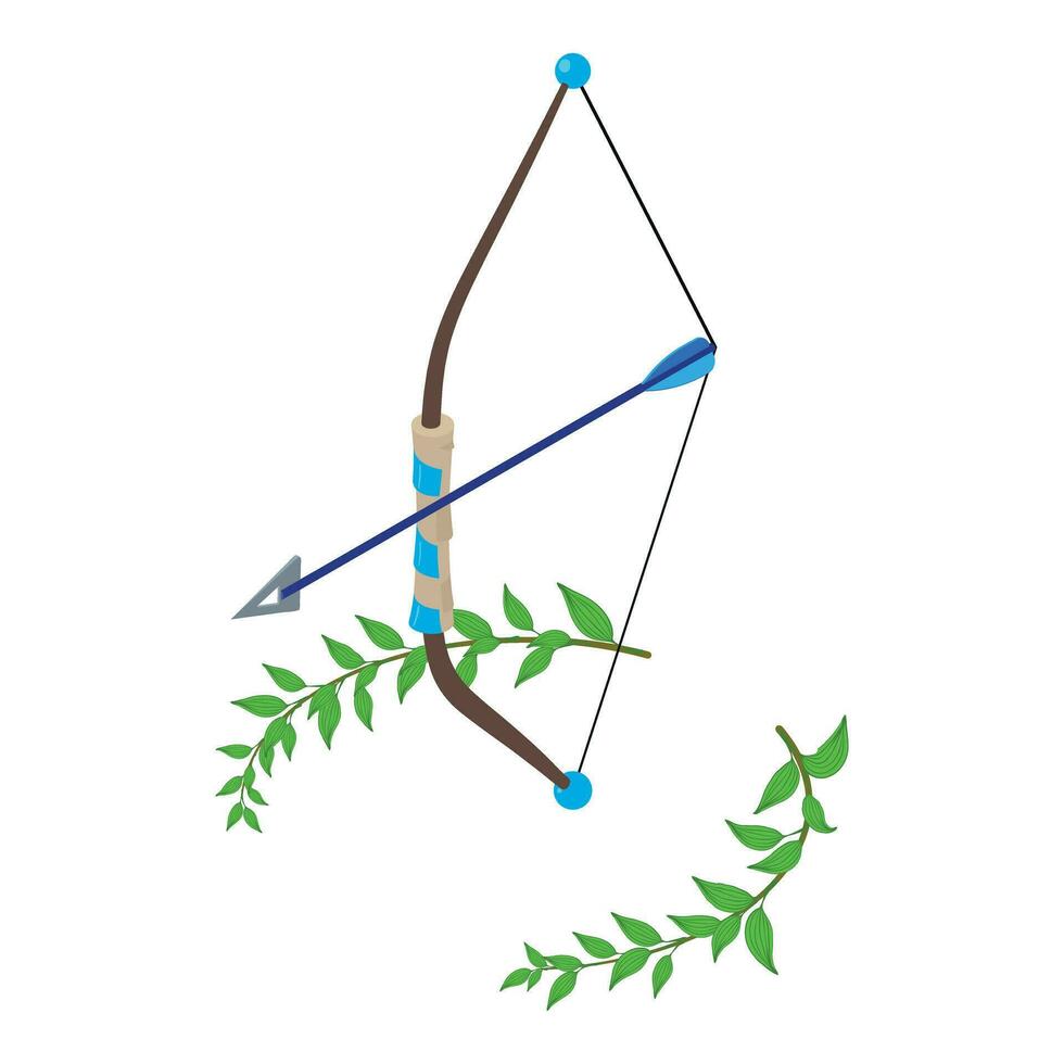 Toy bow icon isometric vector. Blue children bow and arrow and green branch icon vector